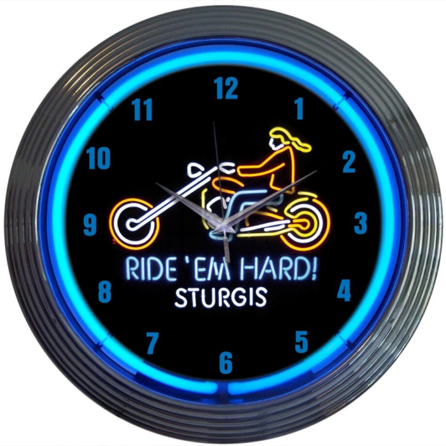 Ride 'em Hard Sturgis Neon clock with real blue neon light