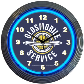 Oldsmobile Service Neon Clock with bright blue real neon