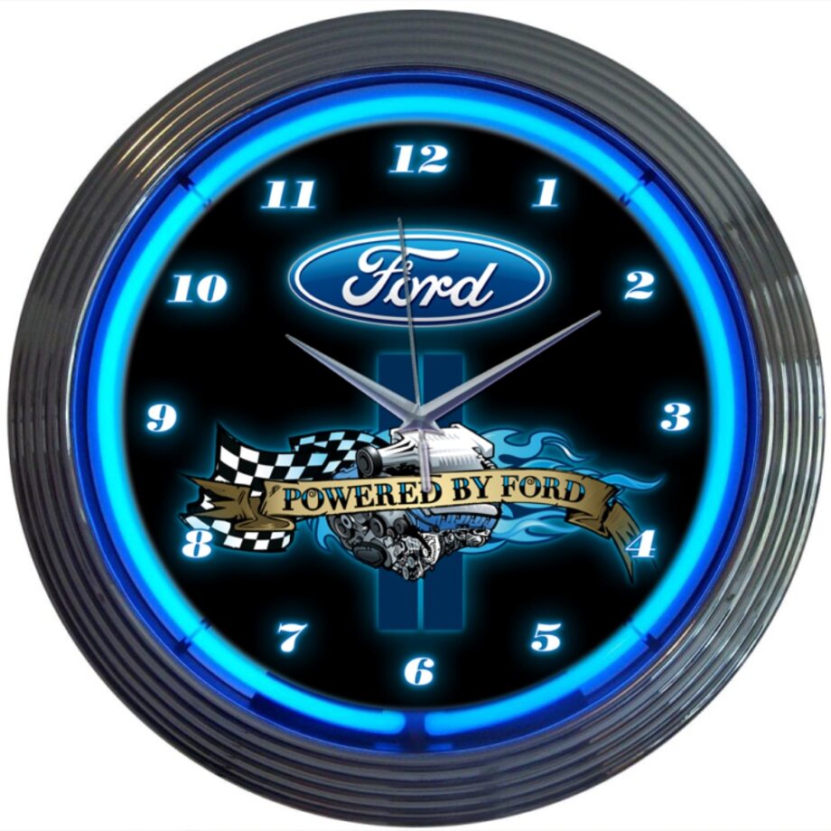 Powered by Ford Bright Blue real neon clock