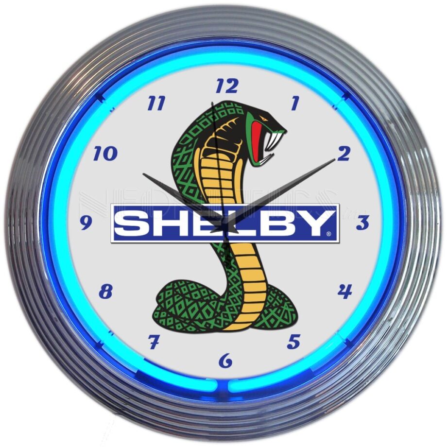 Shelby Cobra Mustang Neon Clock with bright blue real neon