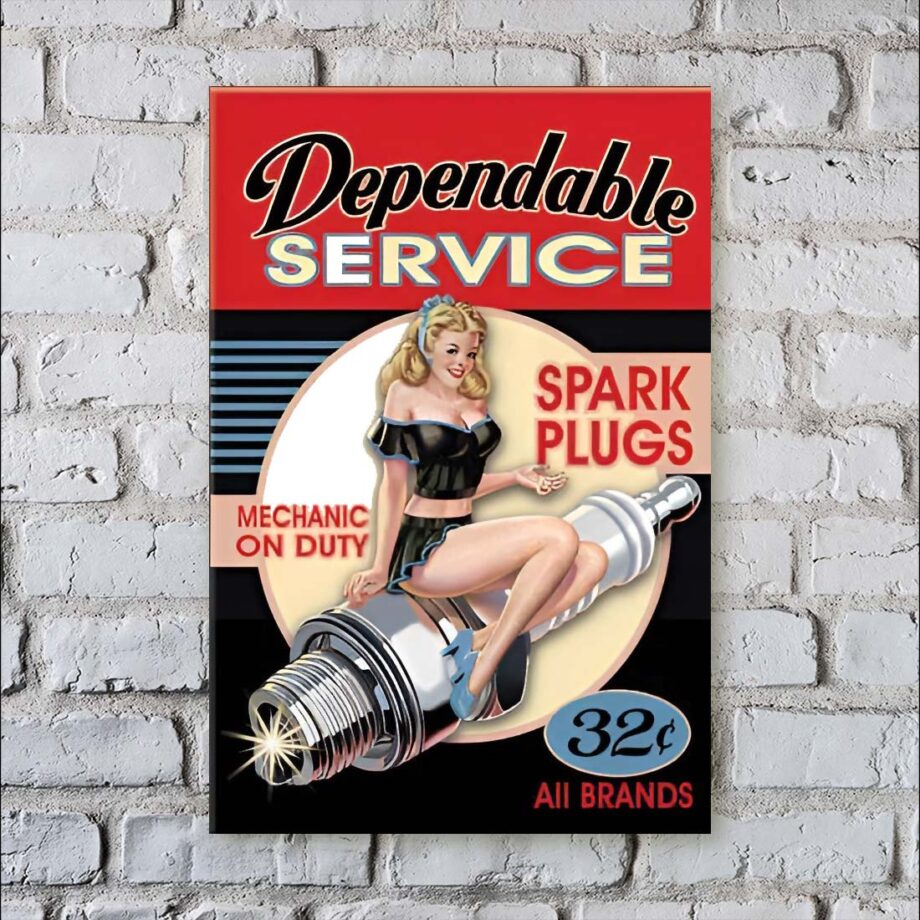 Dependable Service Spark Plugs Pin Up Magnet. Pin Up Girl Magnet.