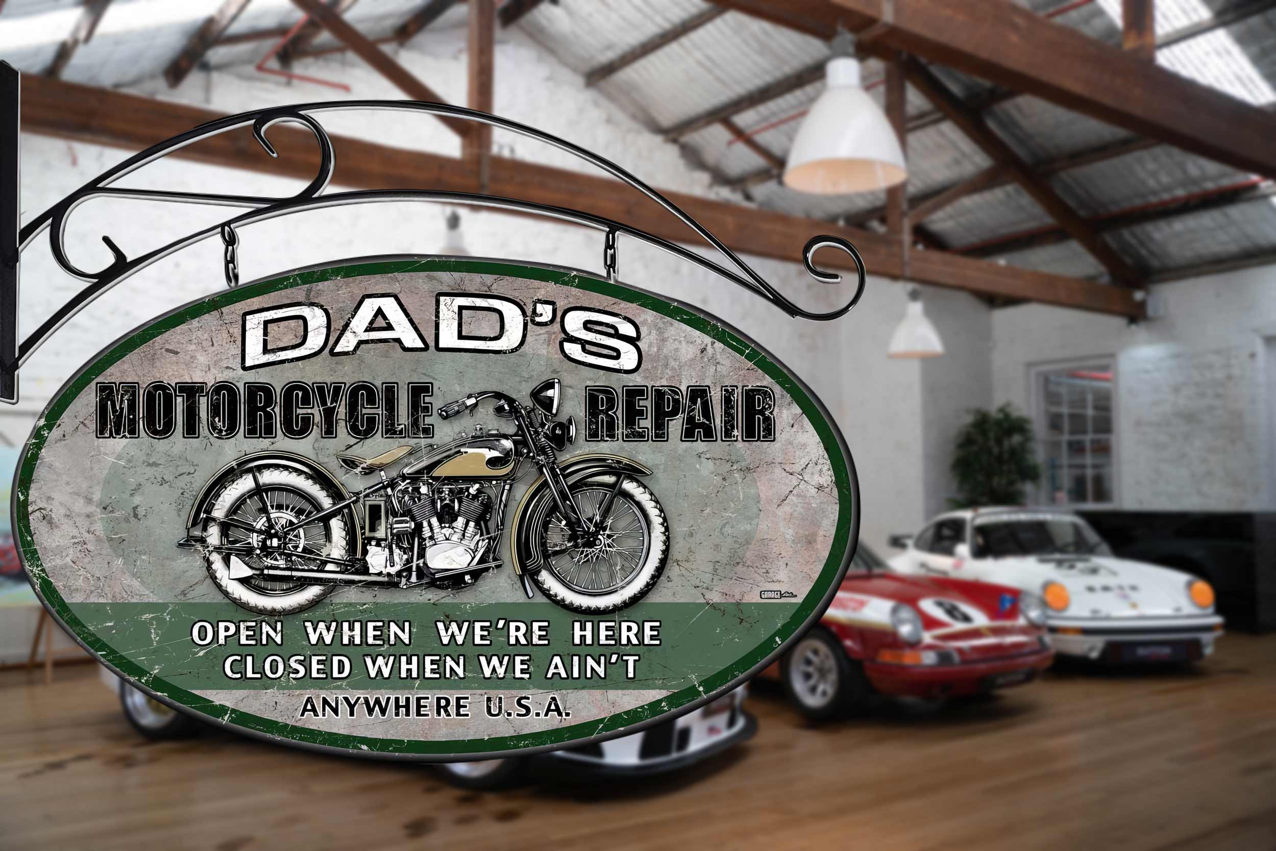 Dad's Motorcycle Repair Shop Double Sided Personalized Sign What a Great Gift Idea