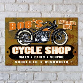 Motorcycle Cycle Shop Sign That You Can Customize With Your Own Name Personalized Signs