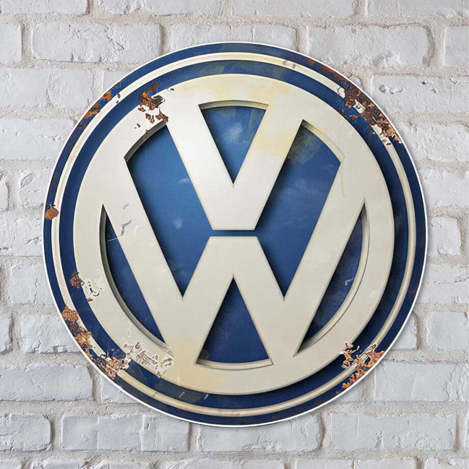 Vintage Volkswagen VW Sign Large with Patina look 14" Round. Distressed Vintage Sign