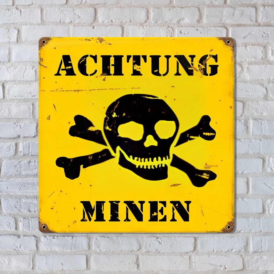 Achtung Minen Distressed Vintage Sign - 12" x 12" Color: Yellow