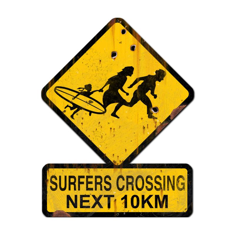 Surfers Crossing Next 10 Km Vintage Sign