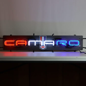 neon sign with the word Camaro in red, white and blue