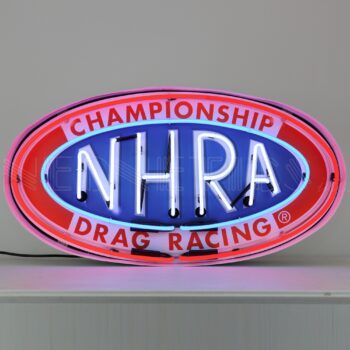 The NHRA oval in can neon sign has red, white and blue neon tubes, and measures 30 inches wide by 15 inches tall by 6 inches deep. The glass tubes are backed by a beautiful full-color image, and the entire sign is housed in a white-finished steel can.